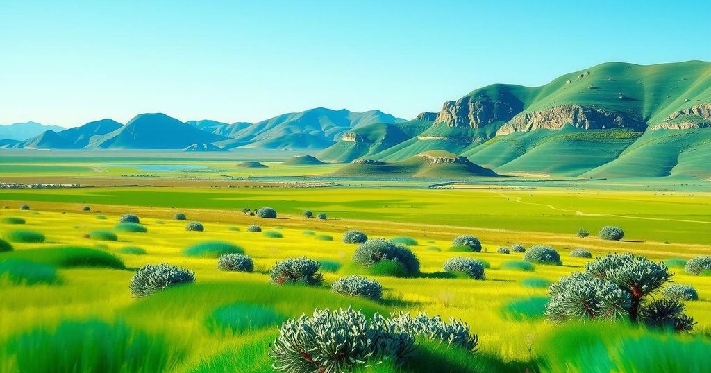 A serene landscape of an Angolan minefield with lush greenery and a clear blue sky, emphasizing environmental conservation.