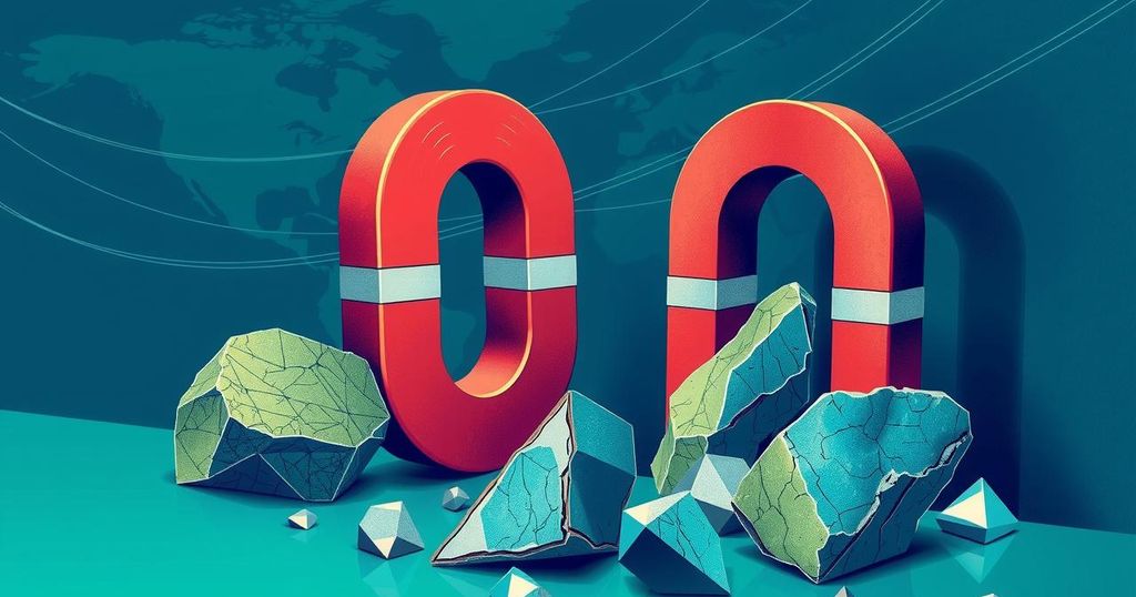 Vibrant illustration of rare earth elements with a focus on magnets and trade elements, utilizing a modern artistic style.