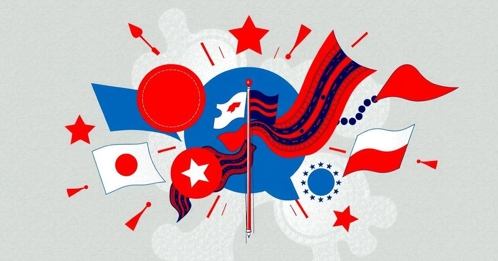 A symbolic representation of political tension and debate in Japan's election with contrasting party symbols and bold colors.