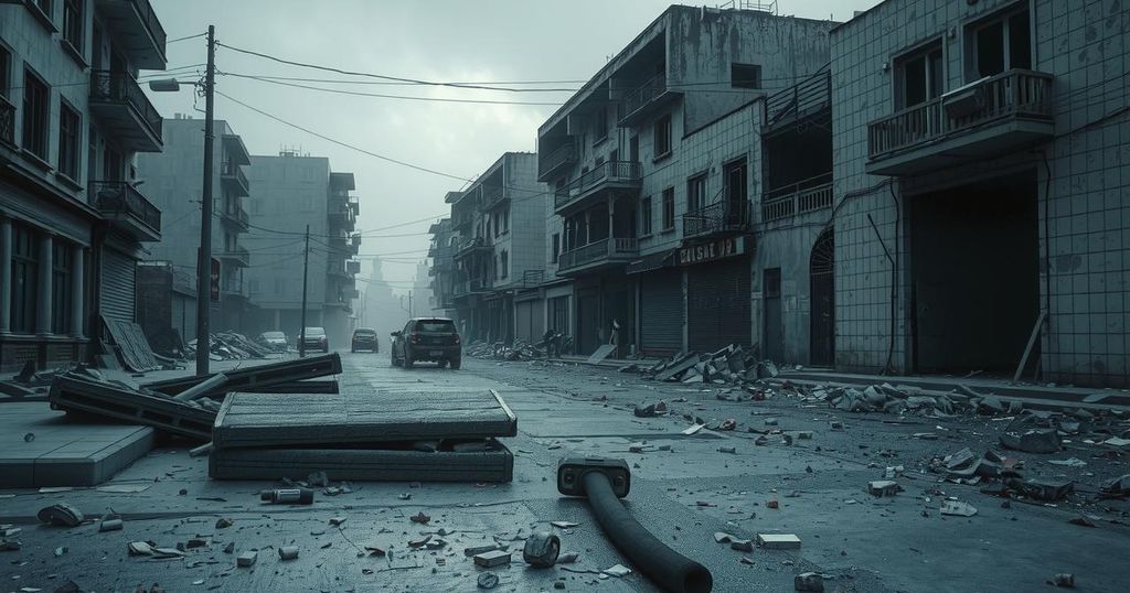 A somber landscape illustrating anti-government protests, with scattered debris and a muted color palette reflecting unrest.
