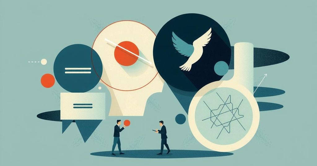 Strategic unpredictability and global diplomacy represented by abstract symbols of negotiation and conflict in muted colors.
