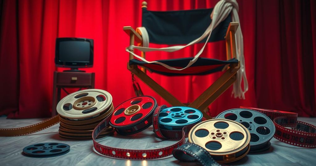 Cinematic scene featuring film reels, a director's chair, and a vivid color palette of reds and golds.
