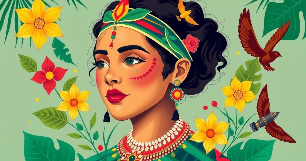 A vibrant illustration symbolizing female leadership and political progress with diverse cultural elements.