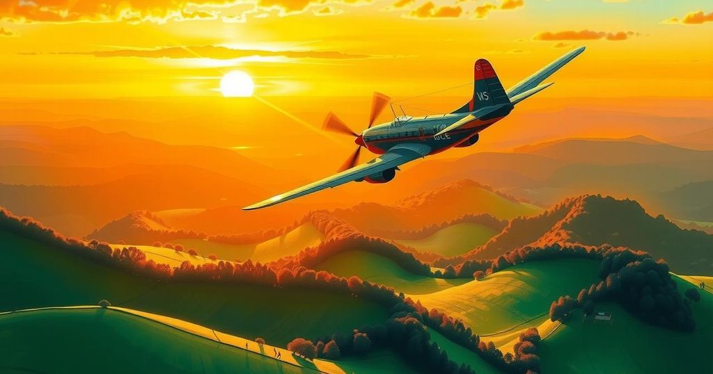 A plane flying over lush green landscapes during a sunset, symbolizing hope and freedom in prisoner exchanges.