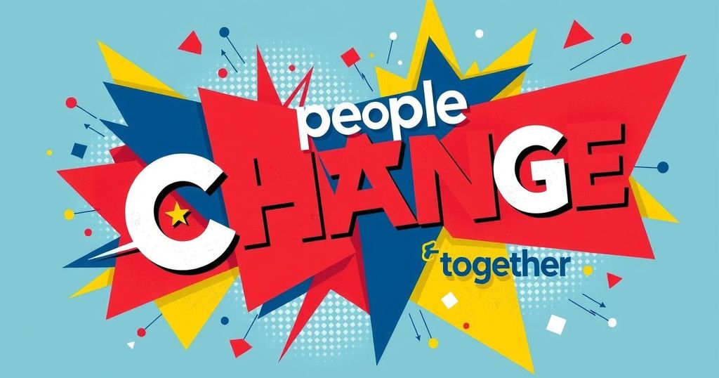 An abstract representation of political slogans featuring associated words and emotional symbols in vibrant colors.