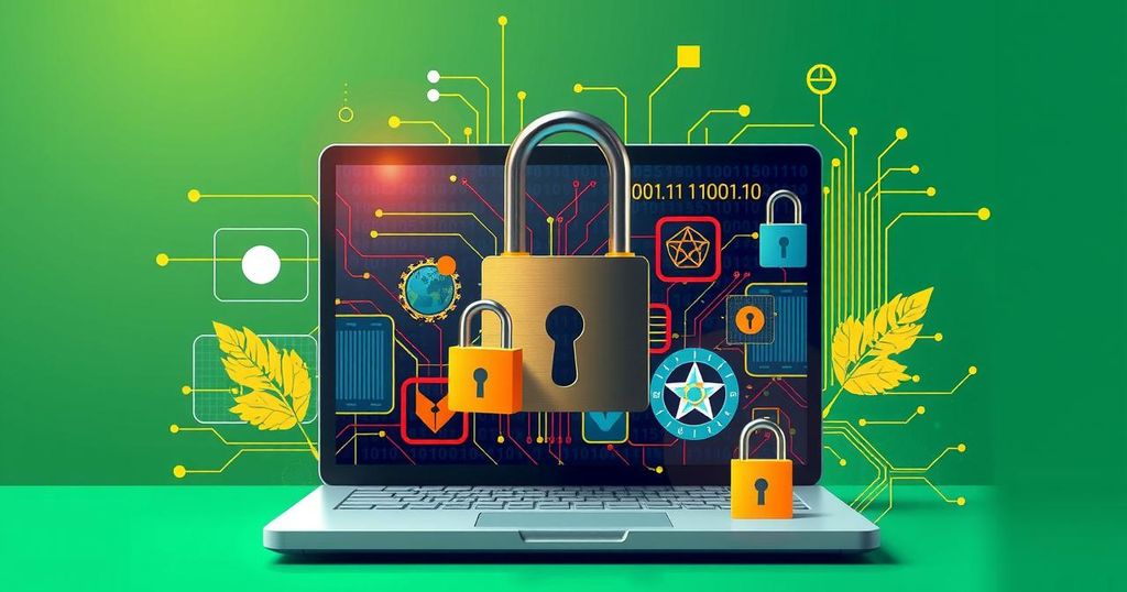 A digital illustration showing a cybersecurity theme with a lock, computer, and Nigerian elements in bright colors.