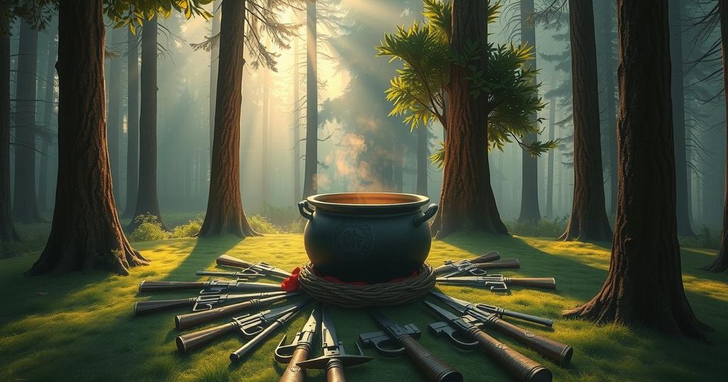 Kurdish fighters symbolically disarm, with weapons burned in a cauldron during peace talks in a serene forest setting.