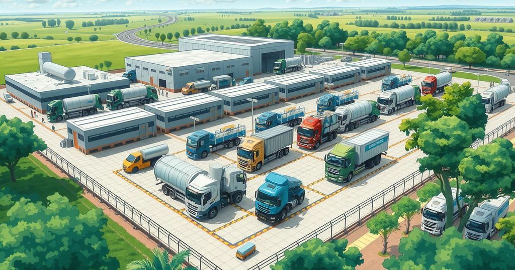 A conceptual illustration depicting a truck assembly plant set in Senegal with modern equipment and green landscapes.