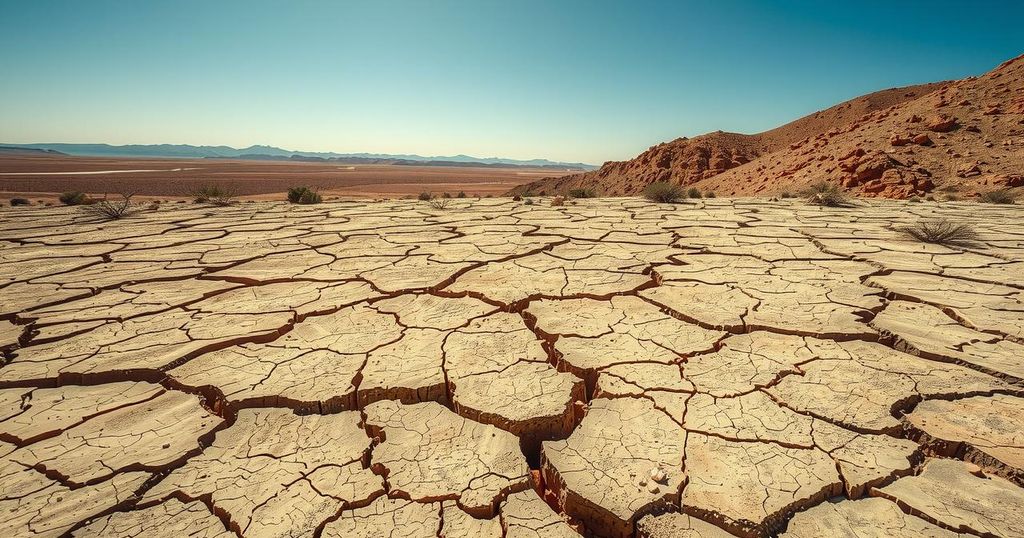 Vast dry landscape with cracked earth and sparse vegetation under a bright sunny sky, highlighting drought conditions.