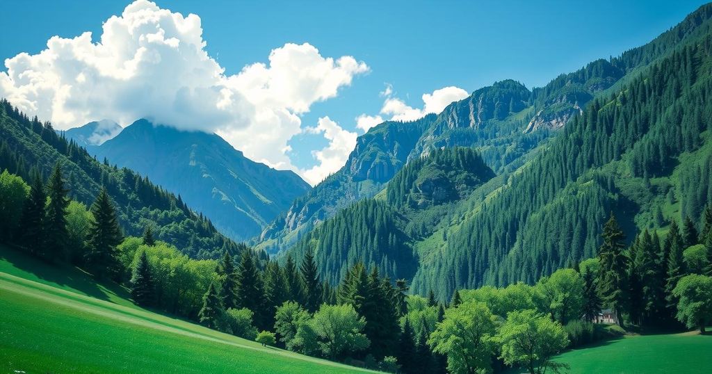 A scenic view of Pahalgam mountains with lush greenery and a clear blue sky, signifying peaceful unity in nature.