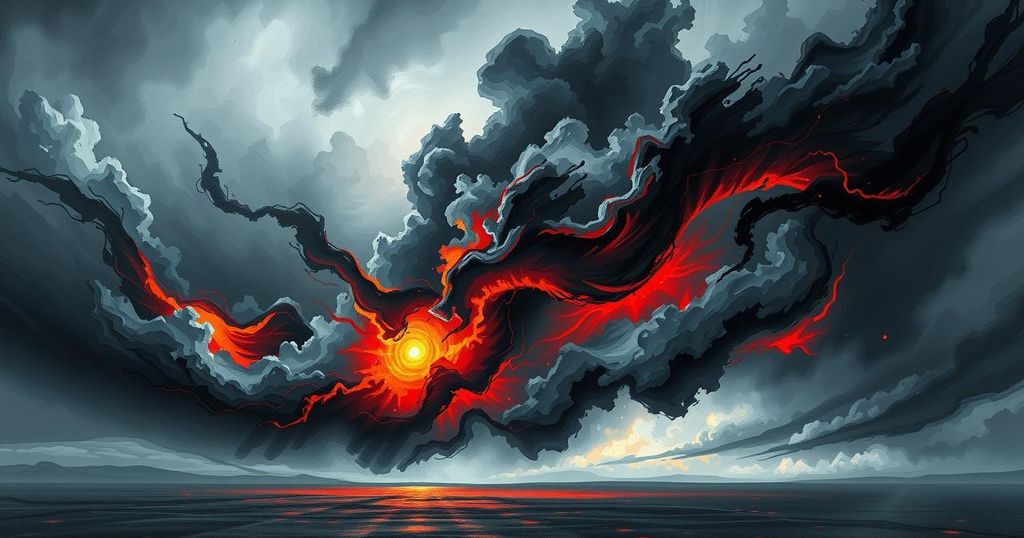 A backdrop of dark clouds and smoke symbolizes halted communications and tensions in global politics.