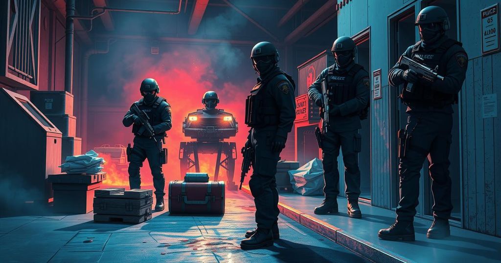 A dynamic depiction of law enforcement agents in action during a drug bust operation in an urban setting.