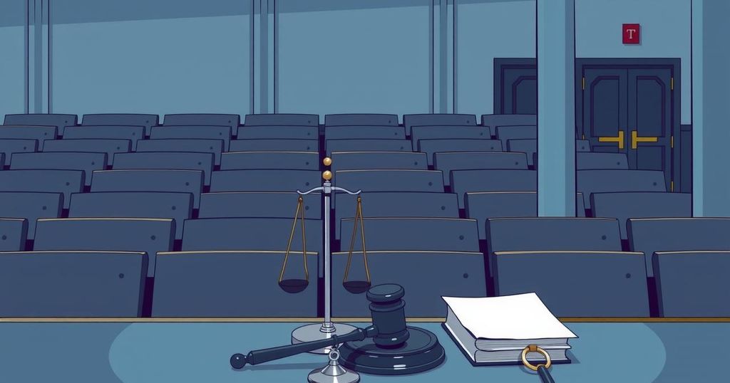 A dramatic courtroom scene depicting justice and self-defense with a somber atmosphere and muted colors.