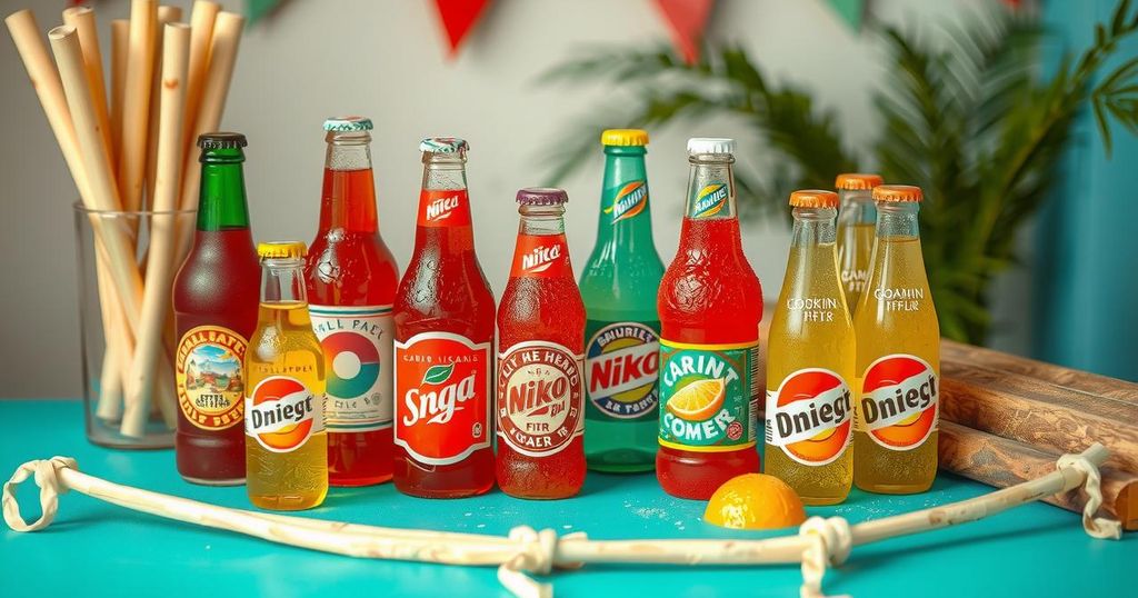 A vibrant display of soda bottles with sugarcane, highlighting a sweet beverage choice in a colorful setting.