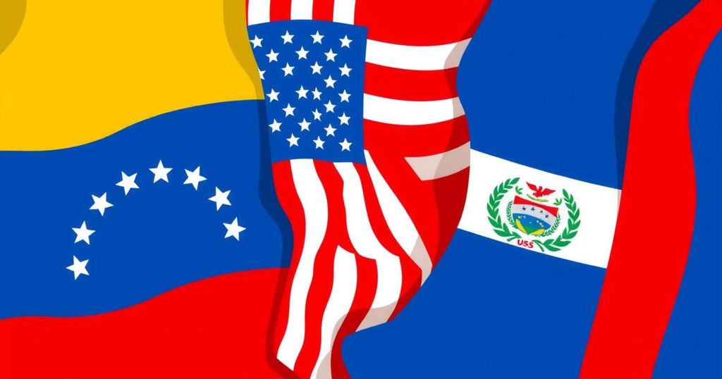 Symbolic representation of diplomatic negotiations and international relations with flags and handshake motifs.
