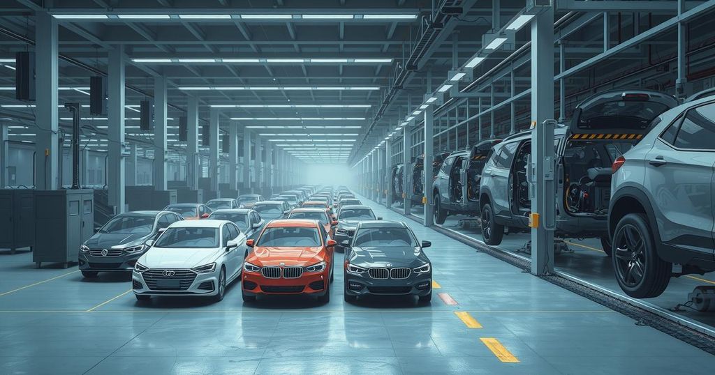 A declining automotive scene symbolizing reduced vehicle exports with vehicles and factories in muted colors.