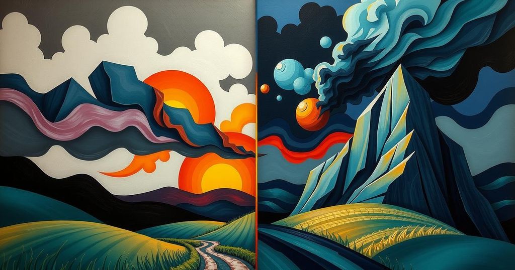 A dynamic composition of a divided landscape illustrating conflict themes with dark colors and a cubist style.