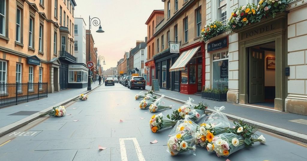 A serene Dundee street scene with floral tributes laid on the ground, surrounded by soft earthy tones.