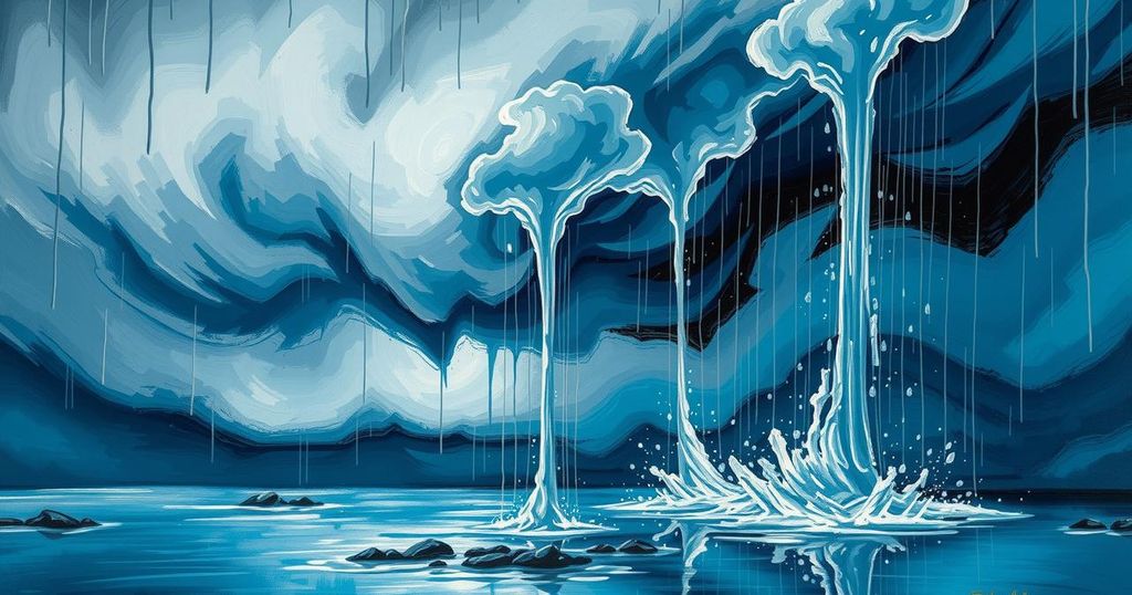 Colorful abstract representation of heavy rainfall and floodwaters in a stormy environment.