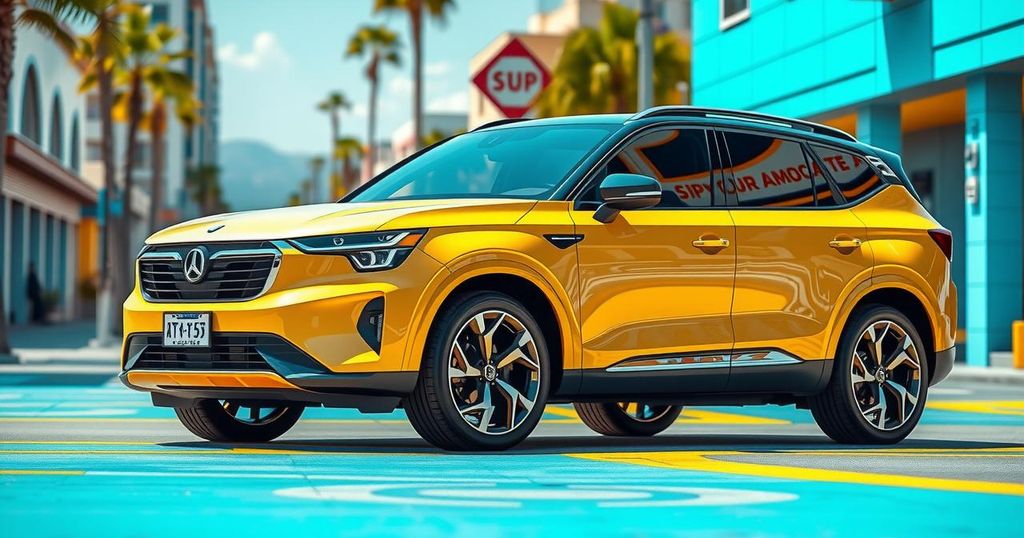A sleek and modern SUV representing the Hyundai Creta's decade of success, set against a vibrant city backdrop.