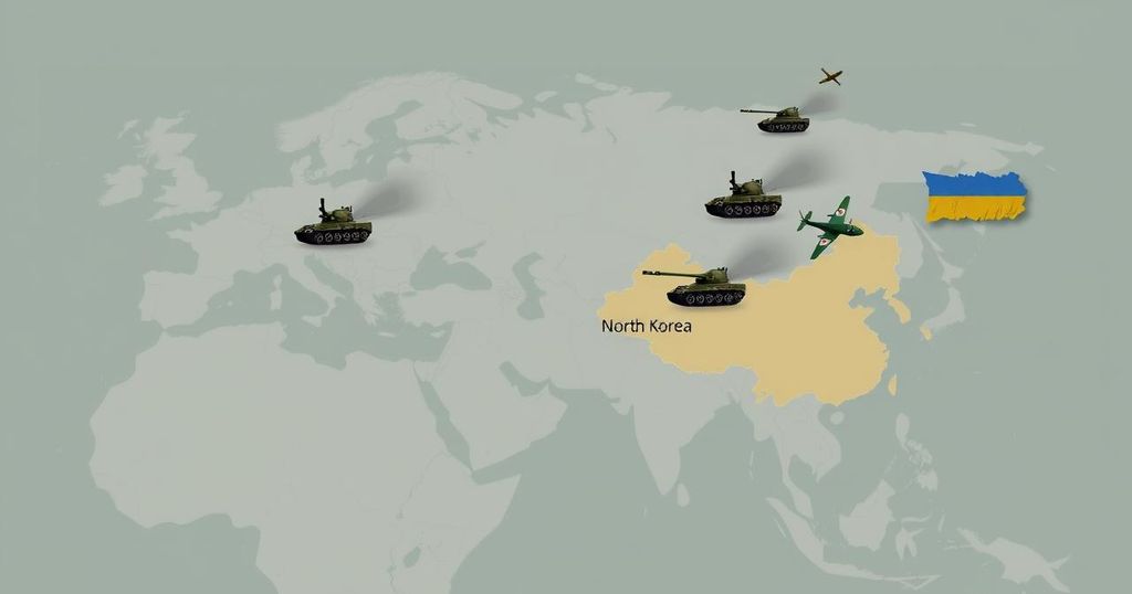 A stylized global map highlighting Ukraine and North Korea with military symbols, in muted colors.