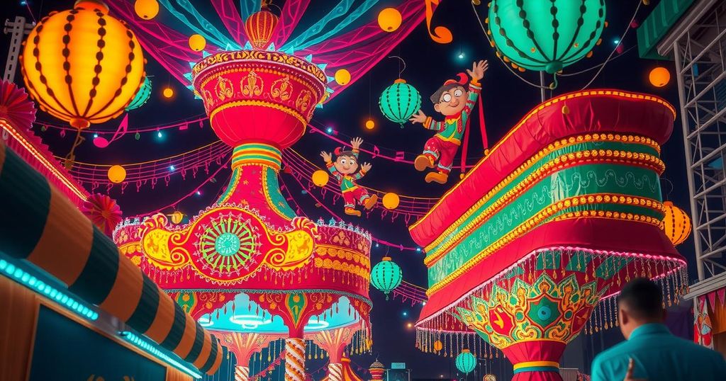 Carnival scene with vibrant costumes, festive decorations, and colorful lights celebrating live performances.