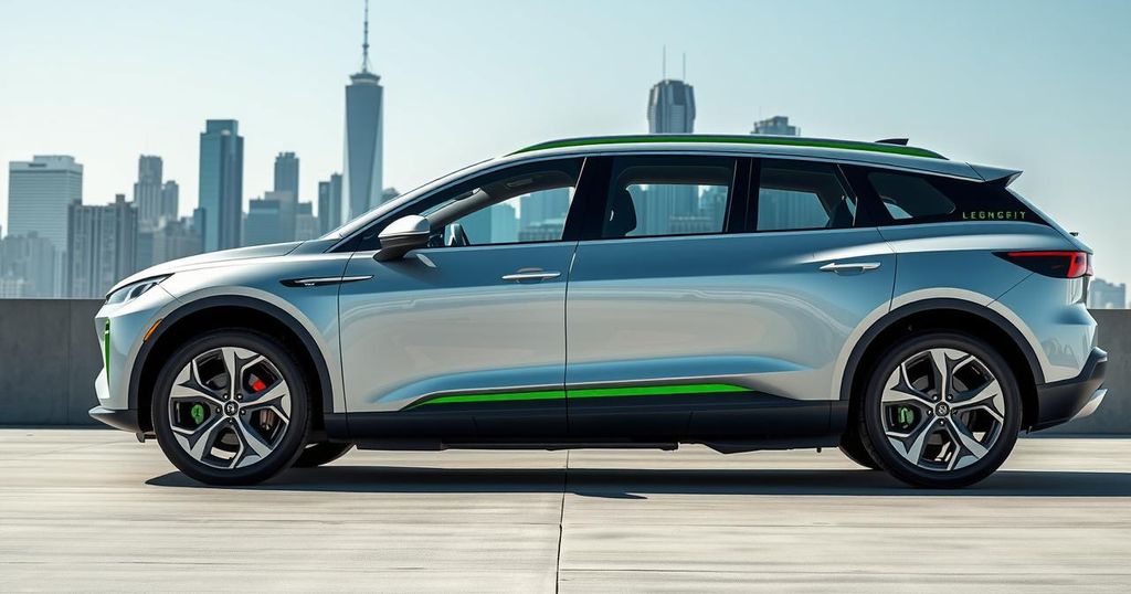A sleek, futuristic electric SUV with an extended body profile in a modern cityscape under a bright blue sky.