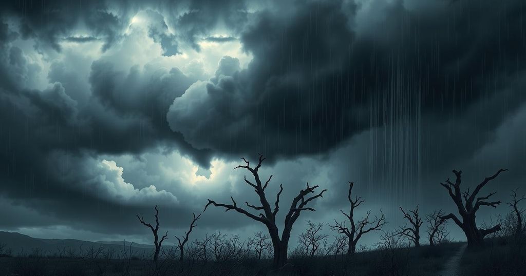 Dramatic landscape with dark clouds, heavy rain, and silhouettes of barren trees symbolizing conflict and resilience.