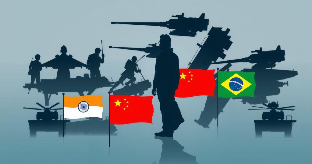 Diplomatic tension symbolized by flags of nations with silhouettes of military equipment in the background, muted colors.