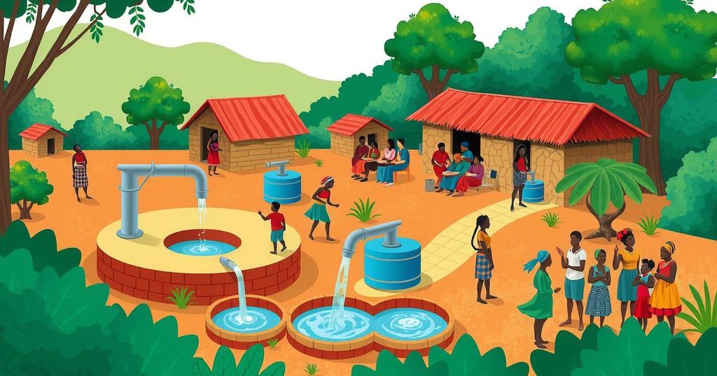 Illustration of clean water efforts in the DRC with vibrant colors, emphasizing community engagement and public health.