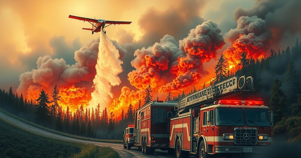 Firefighting aircraft and fire trucks battling wildfires near a forested area during summer.