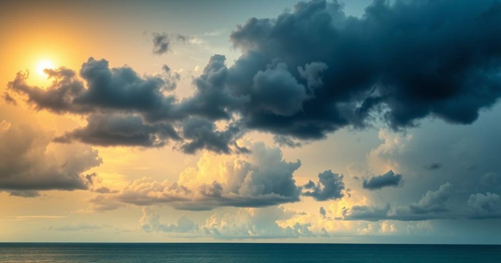 Tropical weather systems with clouds forming and rain moving towards Virginia sky during summer.