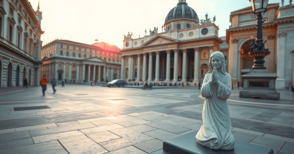 Pope in St. Peter's Square, offering prayer for peace and reflecting compassion for a tragedy, with soft light and warm colors.