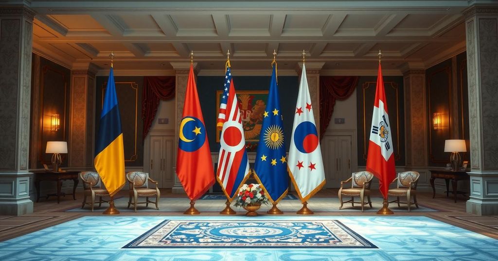 Captivating peace signing ceremony with flags and a serene ambiance, highlighting collaboration and unity.