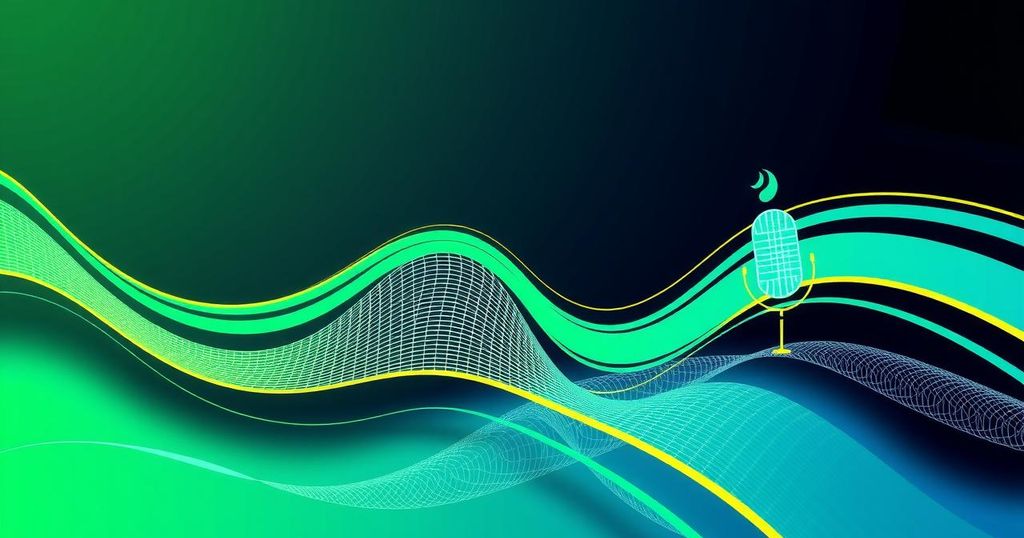 A vibrant and engaging illustration of a sound wave graphic with elements representing music, podcasts, and the environment.