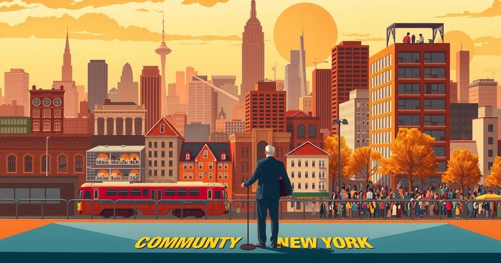 A detailed representation of a political debate background highlighting housing, transport, and community issues.