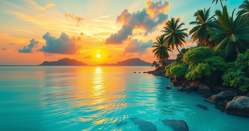 A serene landscape of islands representing the Comoros, with lush greenery and tranquil blue waters during sunset.
