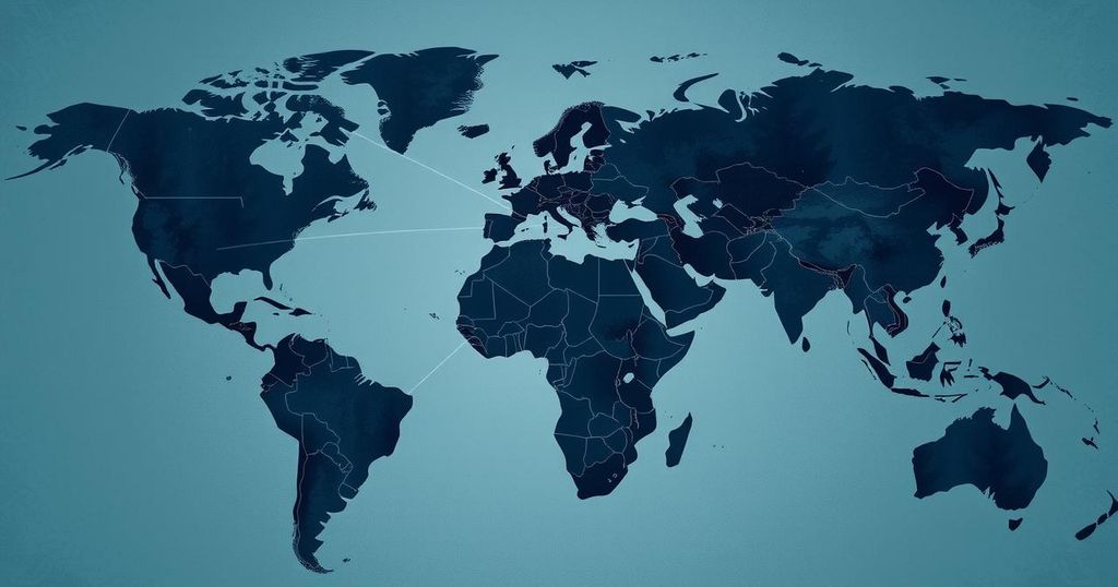 A darkened map illustrating the isolation of Russia, marked by faded alliances and diminished influence.