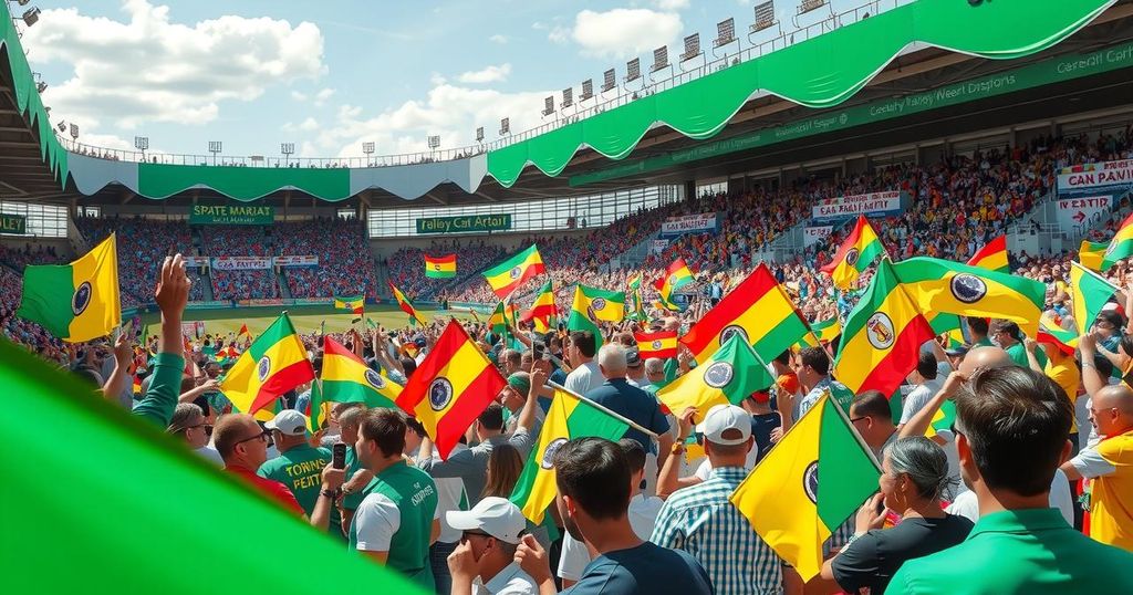 A vibrant stadium filled with enthusiastic supporters waving flags at a political rally in Ghana.