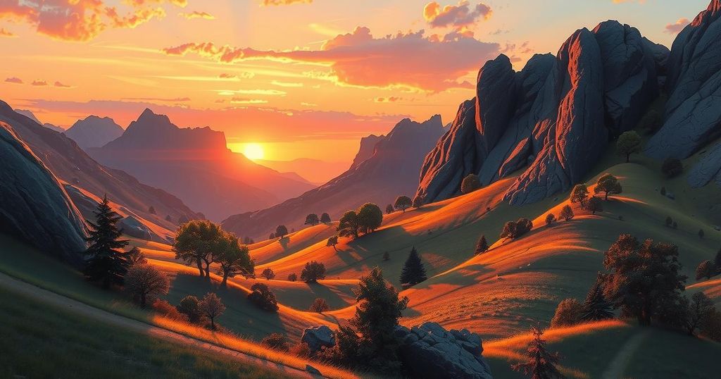 A peaceful valley landscape with rocky hills and a sunset, symbolizing hope for peace in a conflict zone.
