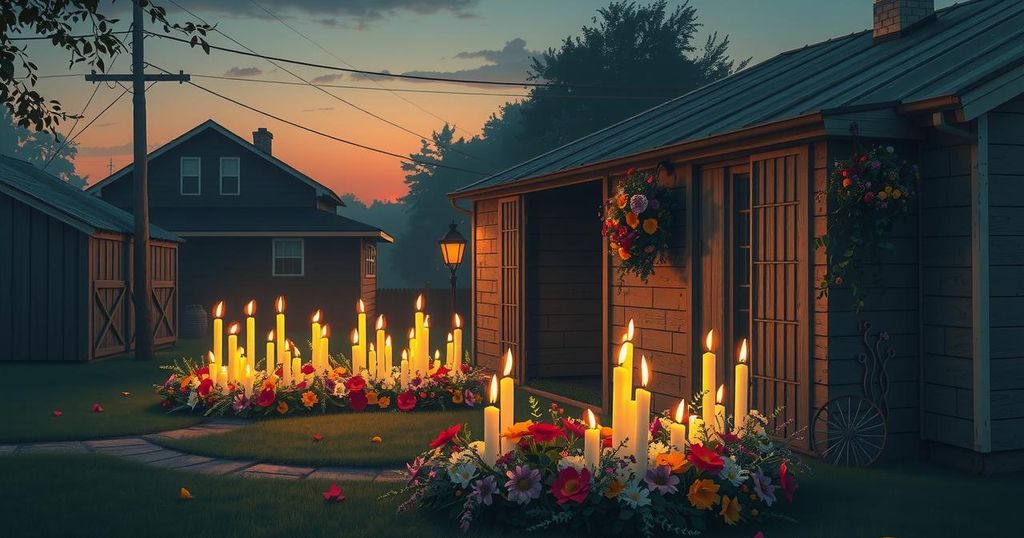 A community vigil scene with candles and flowers, symbolizing grief and support in a village.