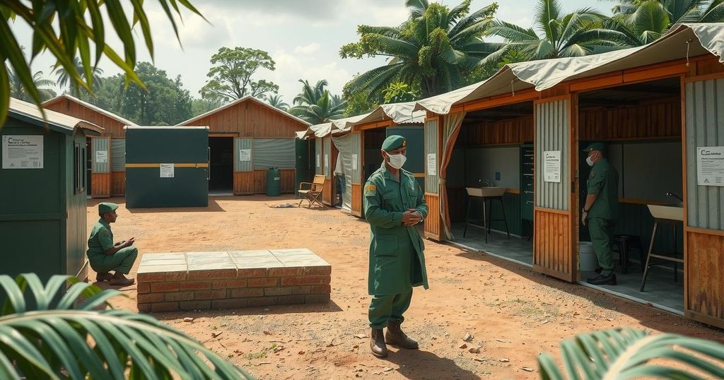 Service members practicing health measures in a camp with sanitization stations and clean facilities in Liberia.