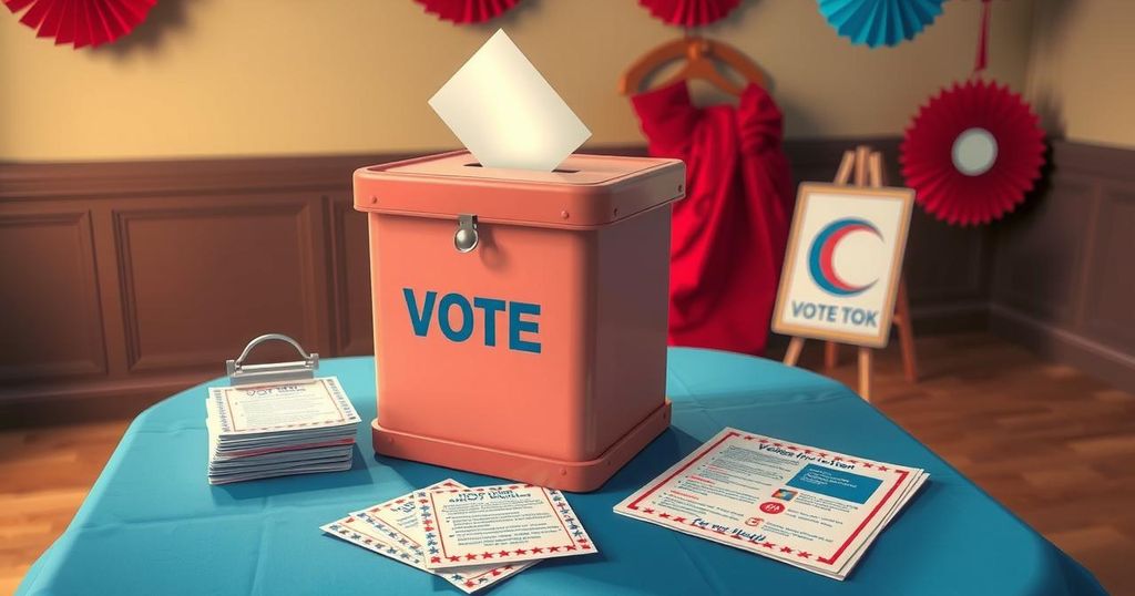 Voting ballot box with election materials surrounded by red and blue decorations for special election.