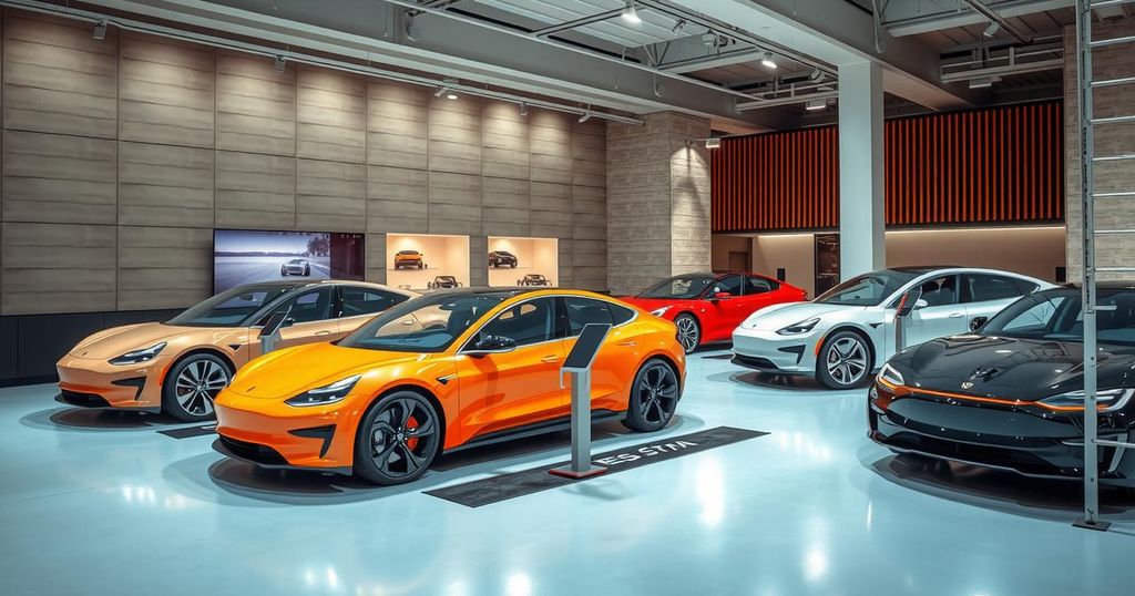 A dynamic electric vehicle showroom in Saudi Arabia showcasing a range of vehicles with a modern setup.