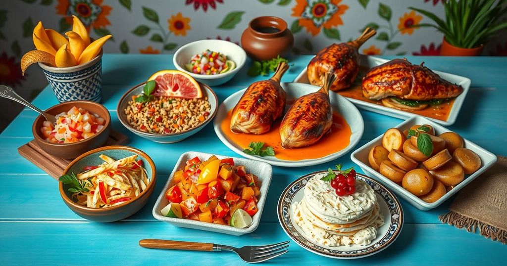 A vibrant display of Peruvian cuisine including ceviche, roasted chicken, and colorful ingredients on a table setup.