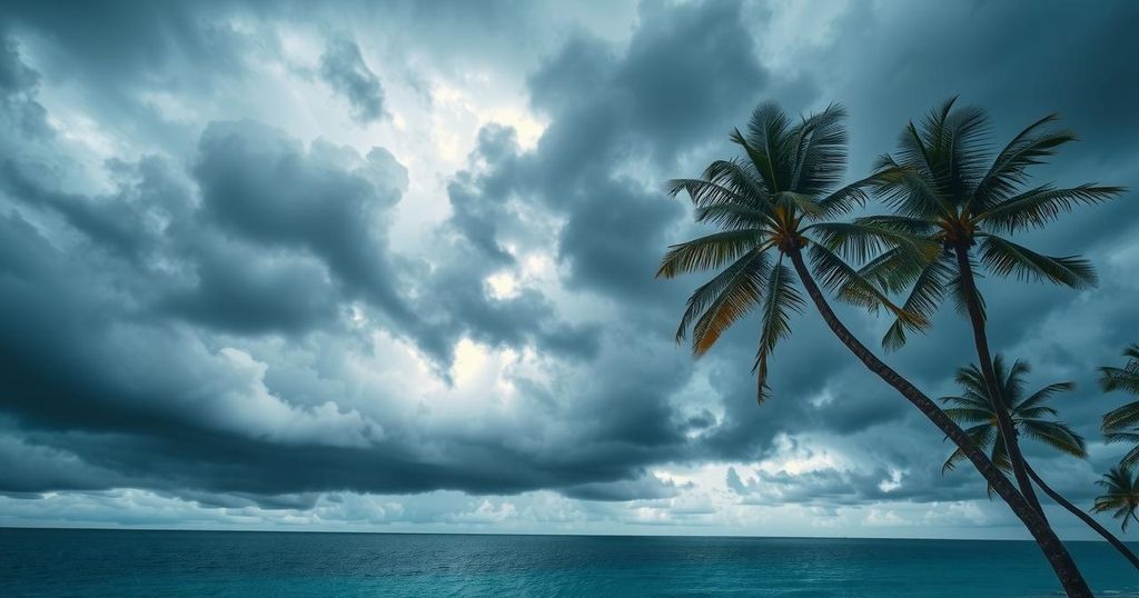 Dark clouds gathering over water, palm trees sway in wind, representing an approaching storm in a tropical environment.
