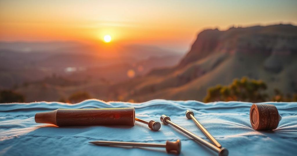 Sunrise over Kikuube, Uganda, providing free medical care with landscape and healing tools in soft pastel colors.