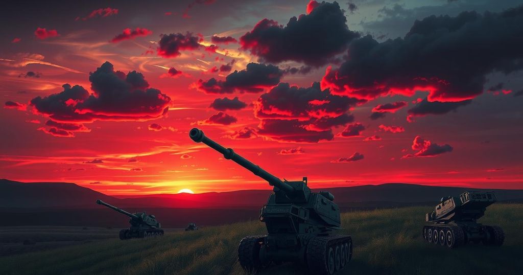 A striking depiction of military artillery with a dramatic skyline, showcasing the theme of international conflict.