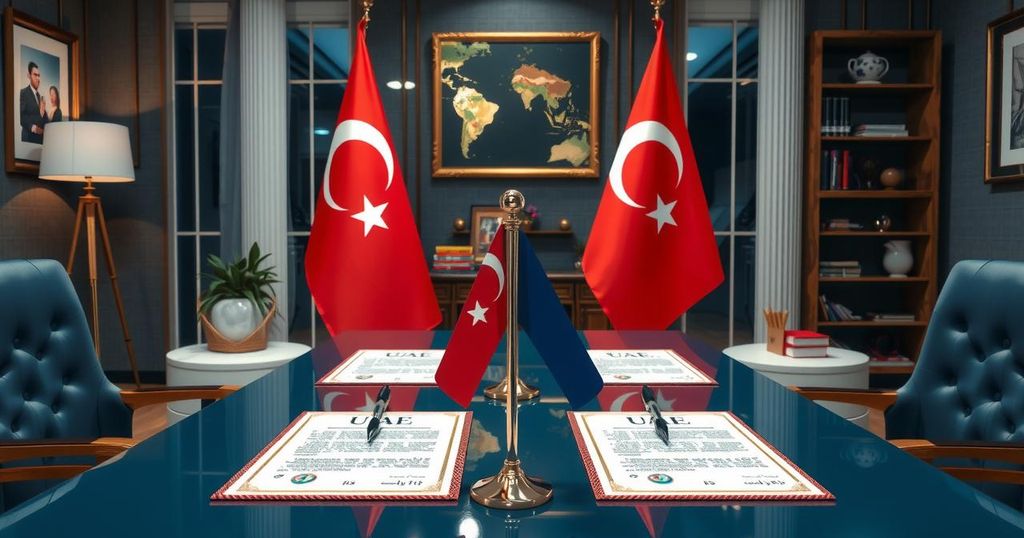 UAE and Turkey flags with agreement documents representing strategic partnerships and cooperation signing ceremony