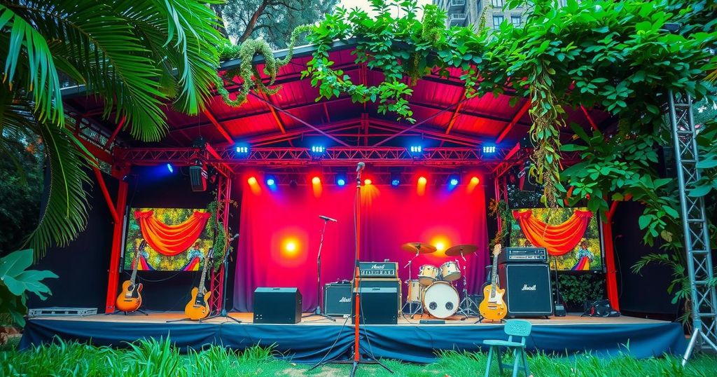 A tranquil scene with a stage setup outdoors, surrounded by lush greenery and colorful lights, capturing the essence of a music festival.